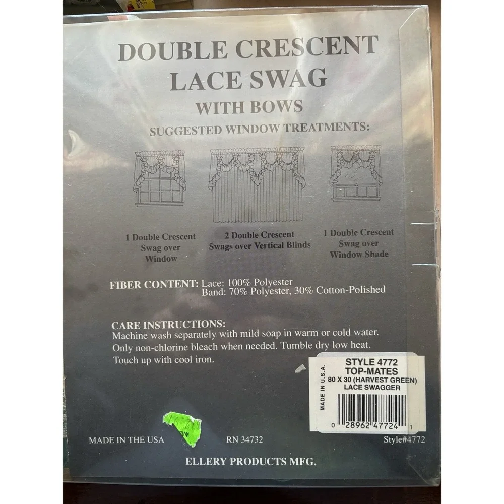 Vtg 1980s Double Crescent Lace Swag LOT of 4 New 80 x 30 Green Satin Lace Bows